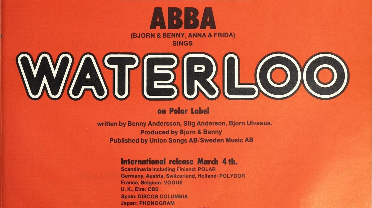 A 1974 trade magazine advertisement for ABBA's Waterloo single, announcing Sweden's Eurovision entry