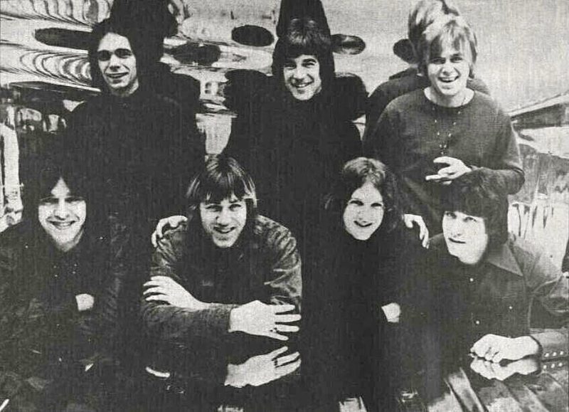 The seven members of Chicago Transit Authority in a grayscale photo from Hit Parader magazine, January 1970, before Chicago band songs reached the Hot 100