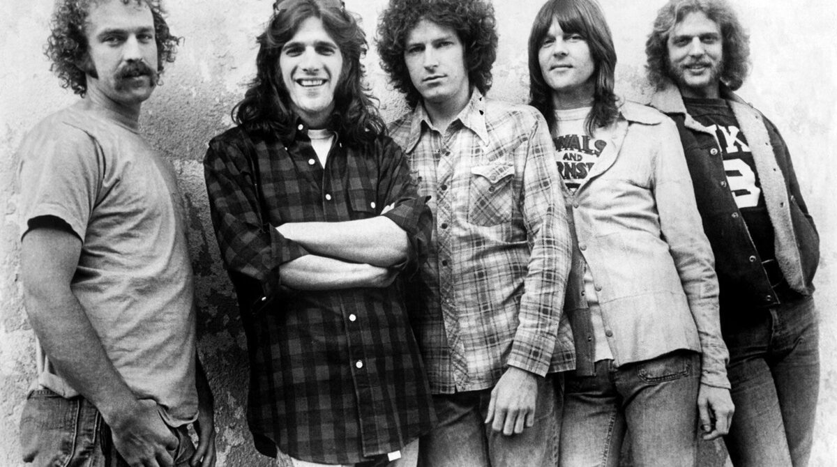 The Eagles in an Asylum Records press photo, the five-man lineup that recorded One of These Nights before Bernie Leadon left the band
