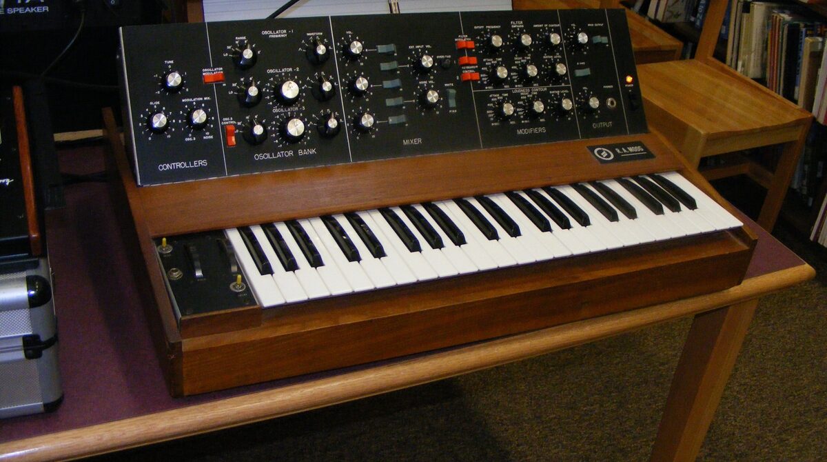 An early-1970s R.A. Moog Minimoog synthesizer, the same instrument Bernie Worrell chained together to build the bass line on Flash Light Parliament