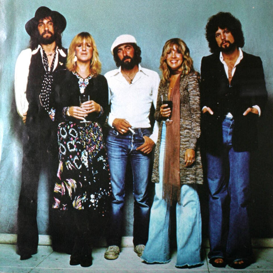 Fleetwood Mac members Mick Fleetwood, Christine McVie, John McVie, Stevie Nicks and Lindsey Buckingham in a 1977 Rumours advertisement, the lineup behind Fleetwood Mac songs of the 70s