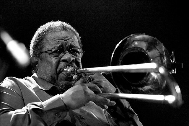 Trombonist Fred Wesley performing live in 2007, decades after he arranged the polyrhythms on James Brown Get on the Good Foot
