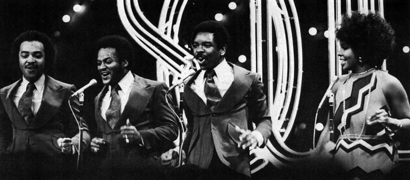 Gladys Knight and the Pips performing on the television program Soul Train, in a 1974 Billboard section about the show, a year after Midnight Train to Georgia