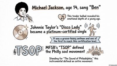 Infographic illustrating the rise of 70s soul music, from Motown's breakaway artists through Philly soul and cinematic funk to disco