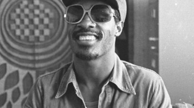 Stevie Wonder in a recording studio in 1975