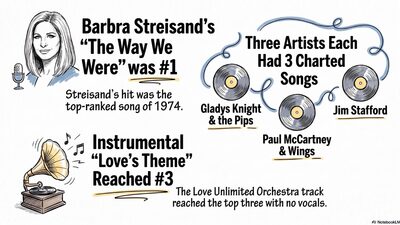 Hand-drawn Sketch Note infographic about the top songs of 1974, showing Barbra Streisand's number one hit The Way We Were, Gladys Knight and the Pips, Paul McCartney and Wings, and Jim Stafford each landing three year-end hits, and the instrumental Love's Theme reaching number 3