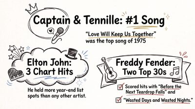 Hand-drawn Sketch Note infographic about the top songs of 1975, showing Captain and Tennille's number one hit Love Will Keep Us Together, Elton John placing three songs on the year-end list, and Freddy Fender's two top-30 hits