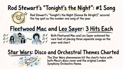 Infographic showing Rod Stewart's number one 1977 song, Fleetwood Mac and Leo Sayer's three chart hits each, and the two versions of Star Wars music that charted that year