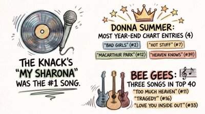 Infographic showing the top songs of 1979, with The Knack's My Sharona at number one, Donna Summer's four year-end chart entries, and the Bee Gees' three top-40 hits
