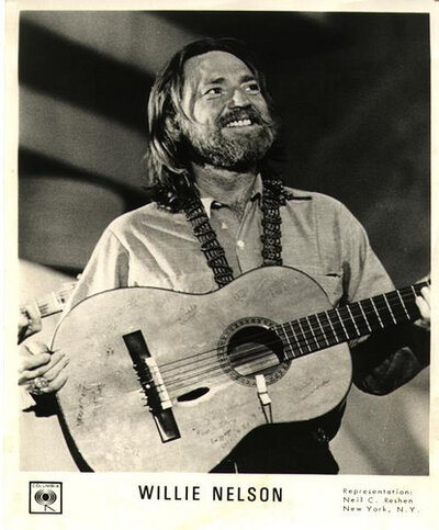 Willie Nelson in a 1974 Columbia Records promotional photo, taken around the time he signed with the label and recorded Red Headed Stranger