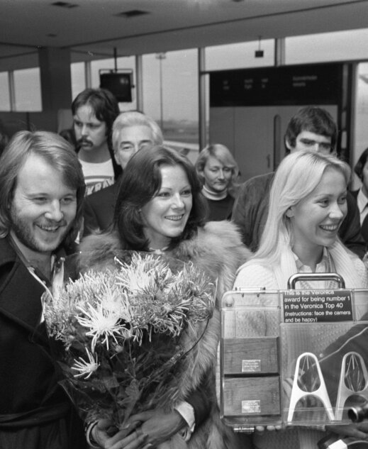 Benny Andersson, Anni-Frid Lyngstad and Agnetha Faltskog of ABBA holding a number one award in the Netherlands in 1976, the year before The Name of the Game was recorded