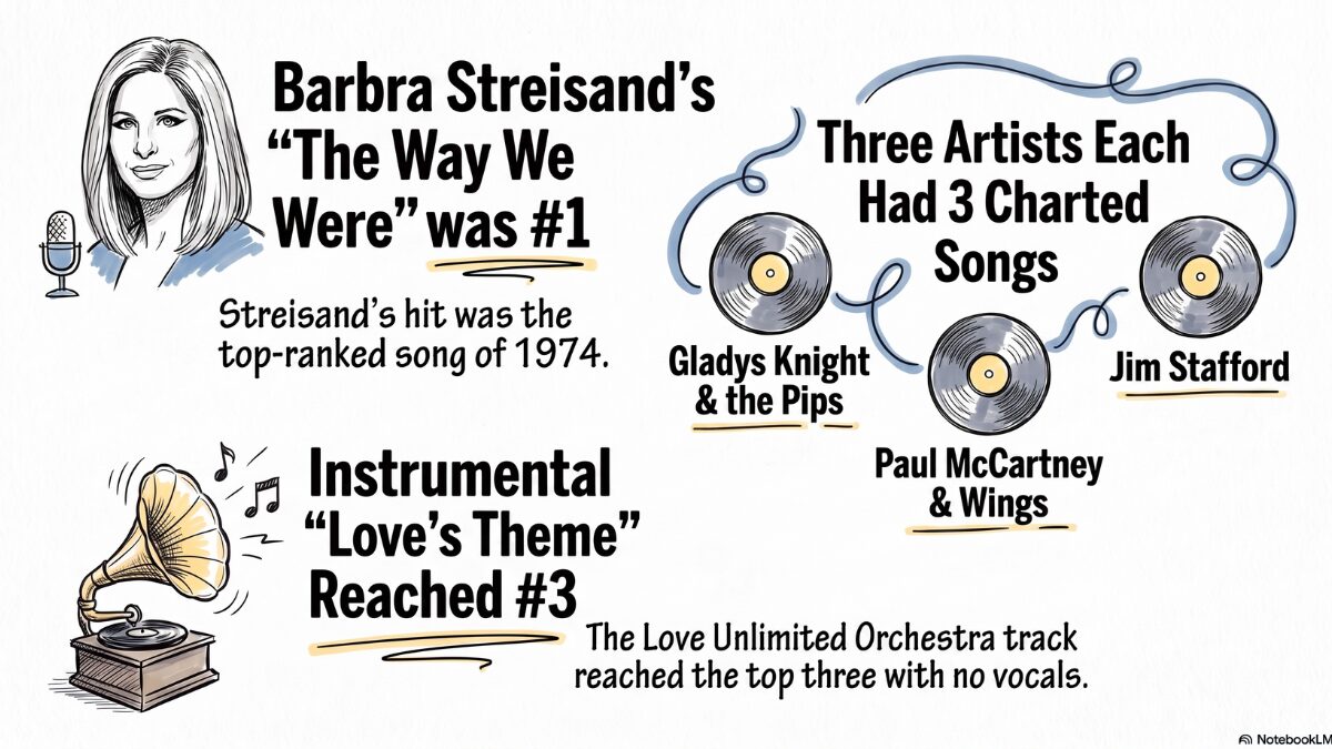 Hand-drawn Sketch Note infographic about the top songs of 1974, showing Barbra Streisand's number one hit The Way We Were, Gladys Knight and the Pips, Paul McCartney and Wings, and Jim Stafford each landing three year-end hits, and the instrumental Love's Theme reaching number 3