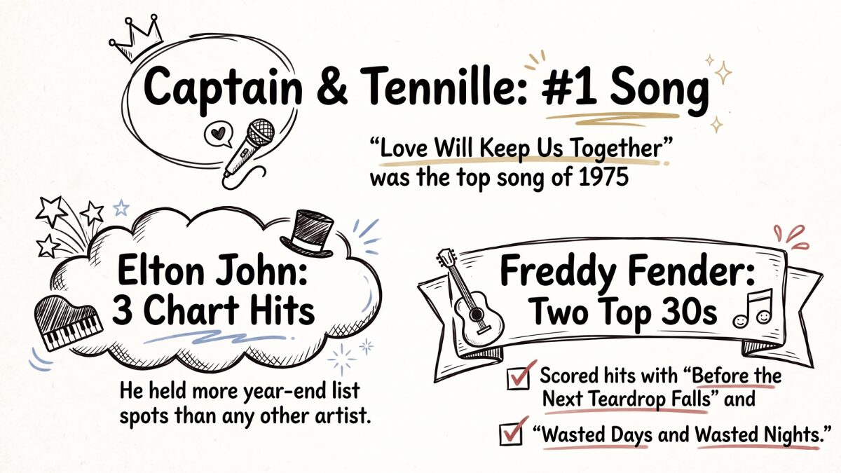 Hand-drawn Sketch Note infographic about the top songs of 1975, showing Captain and Tennille's number one hit Love Will Keep Us Together, Elton John placing three songs on the year-end list, and Freddy Fender's two top-30 hits
