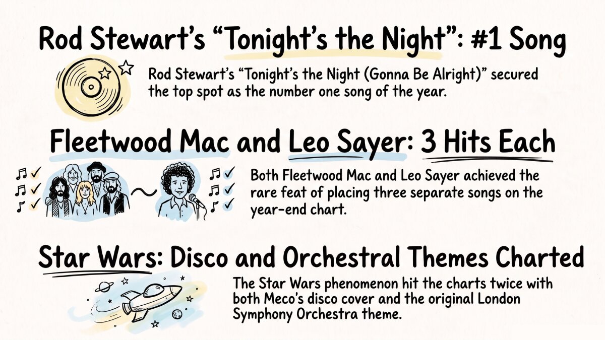 Infographic showing Rod Stewart's number one 1977 song, Fleetwood Mac and Leo Sayer's three chart hits each, and the two versions of Star Wars music that charted that year