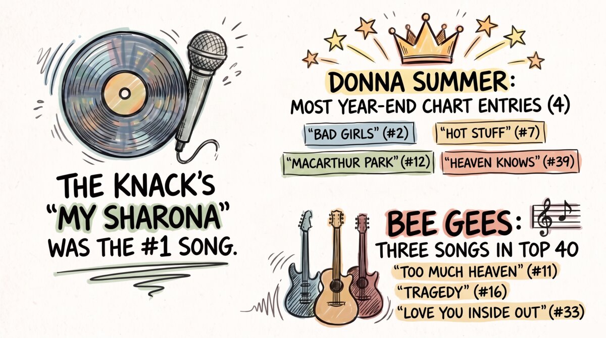 Infographic showing the top songs of 1979, with The Knack's My Sharona at number one, Donna Summer's four year-end chart entries, and the Bee Gees' three top-40 hits