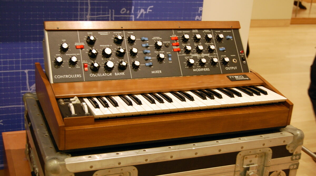 A Minimoog synthesizer from the early 1970s, the type of bass synth behind the heavy groove on You and I Rick James recorded in 1977